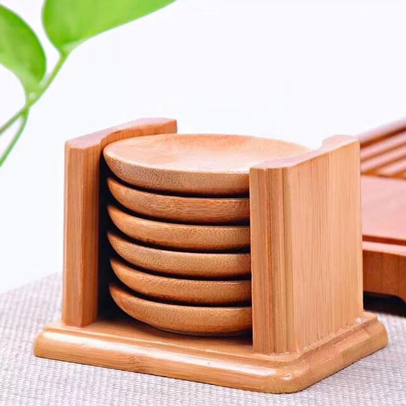 6PCS Round Shape Bamboo Coaste - Marble Coaster Set 评论和价格