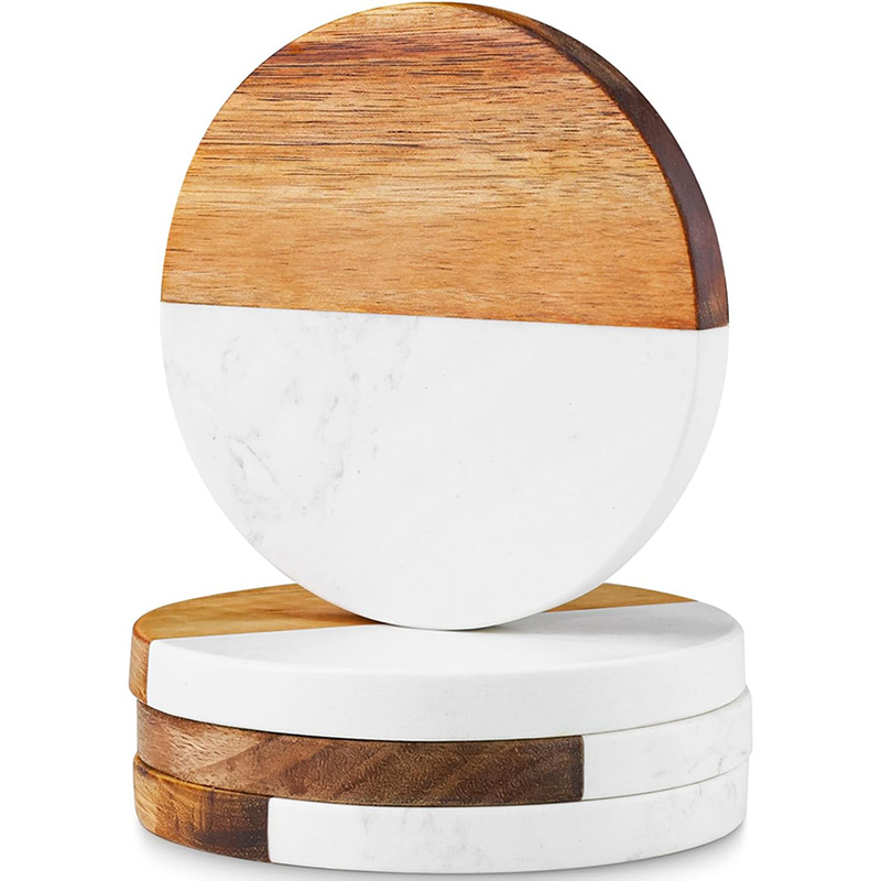 4Pcs Marble Acacia Wood Coaste - Marble Coaster Set 评论和价格