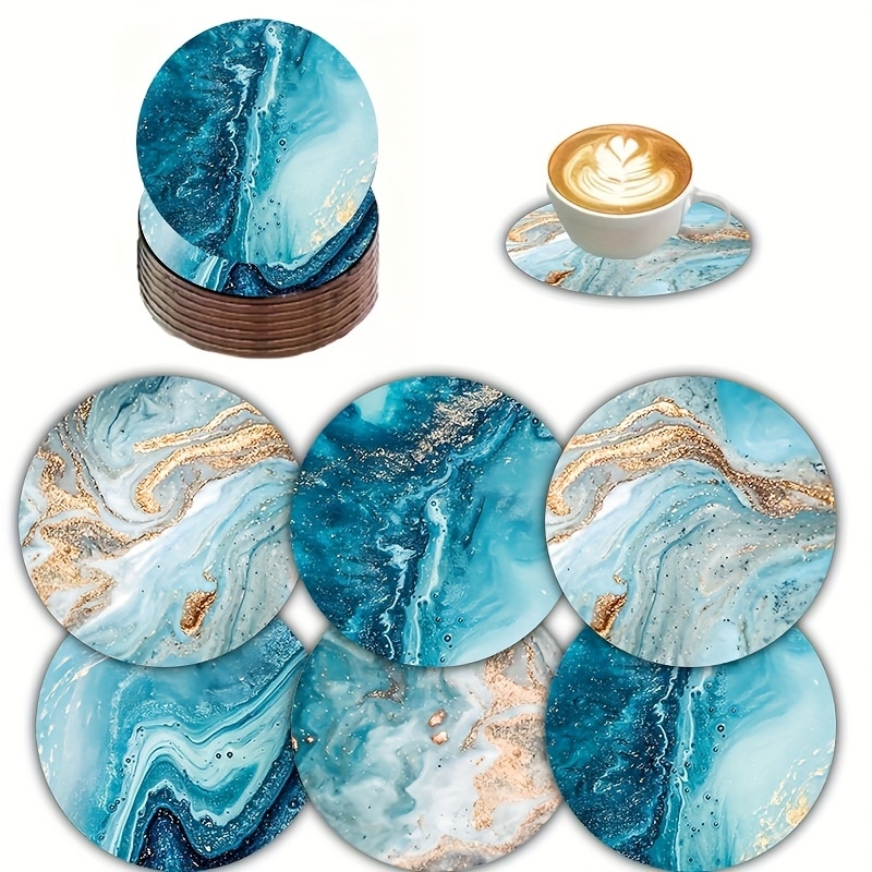 2D Flat 6pcs Blue Ocean Round  - Marble Coaster Set 评论和价格