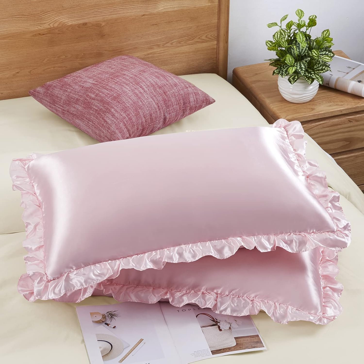 2Pcs Satin Ruffled Pillow Case - Silk Pillowcase 评论和价格